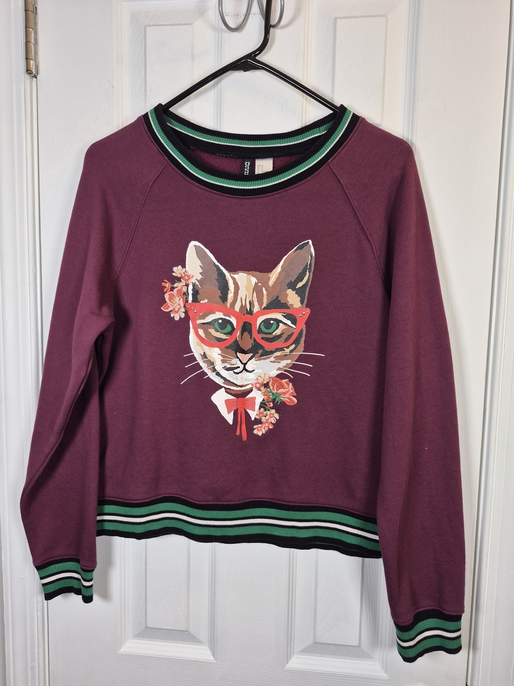 H&M Divided Burgundy Cat with Glasses Graphic Sweatshirt Striped Varsity Trim M